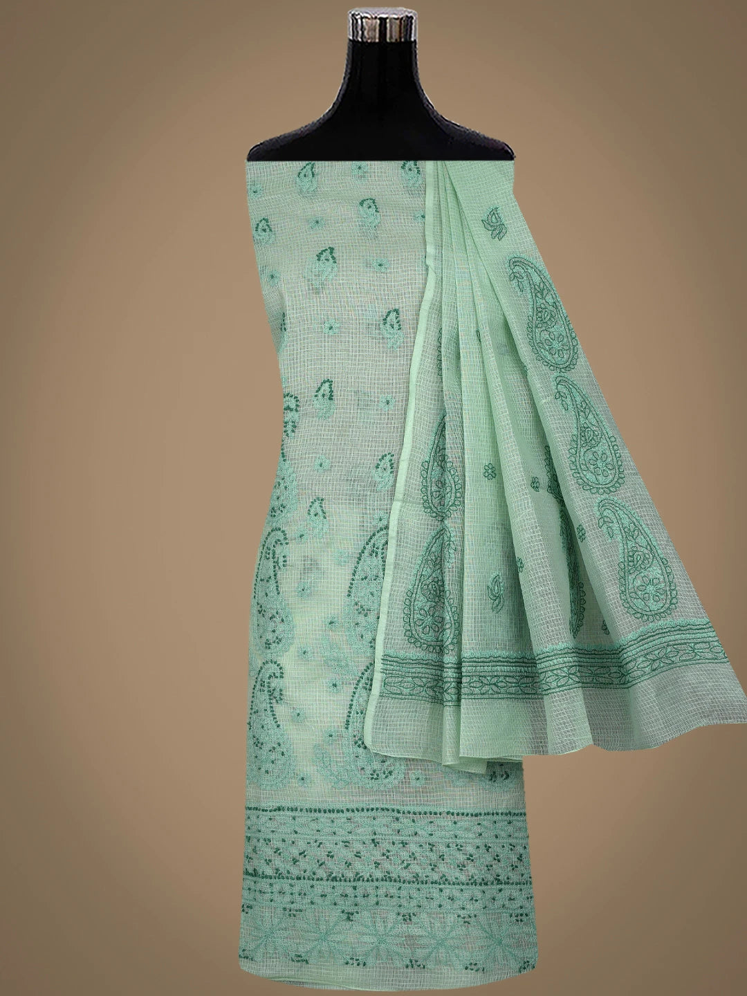 Ada Hand Embroidered Light Green Kota Lucknowi Chikankari Unstitched Kurta Dupatta Set 01A494571