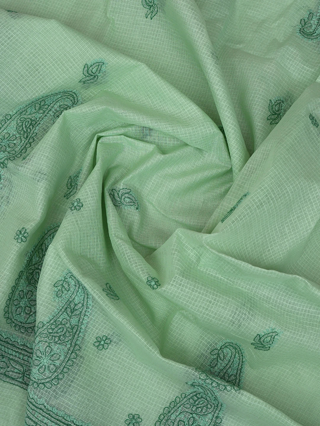 Ada Hand Embroidered Light Green Kota Lucknowi Chikankari Unstitched Kurta Dupatta Set 01A494571