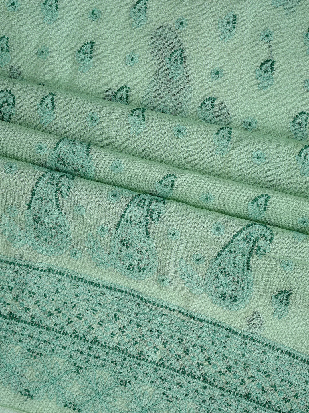 Ada Hand Embroidered Light Green Kota Lucknowi Chikankari Unstitched Kurta Dupatta Set 01A494571