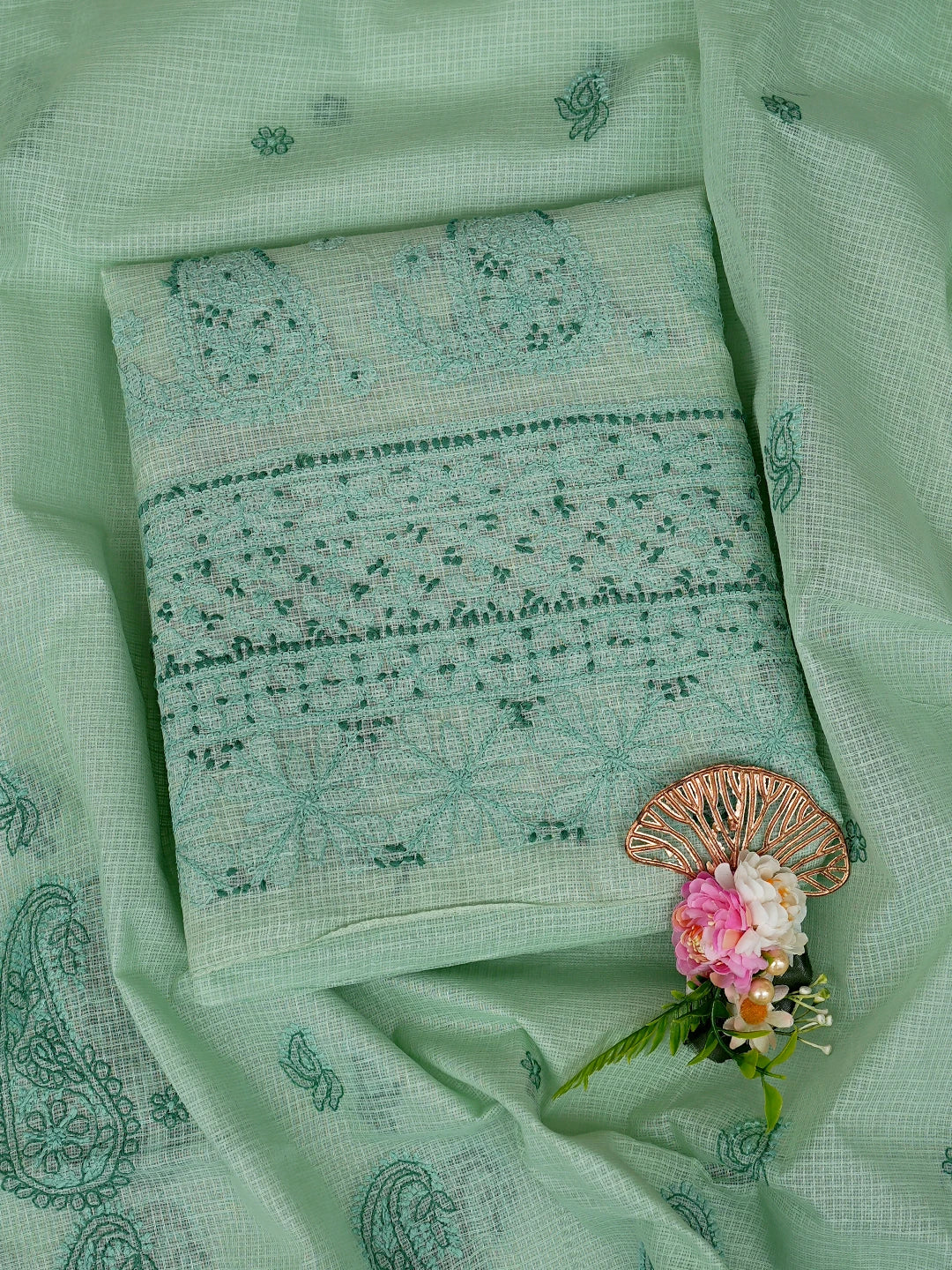 Ada Hand Embroidered Light Green Kota Lucknowi Chikankari Unstitched Kurta Dupatta Set 01A494571