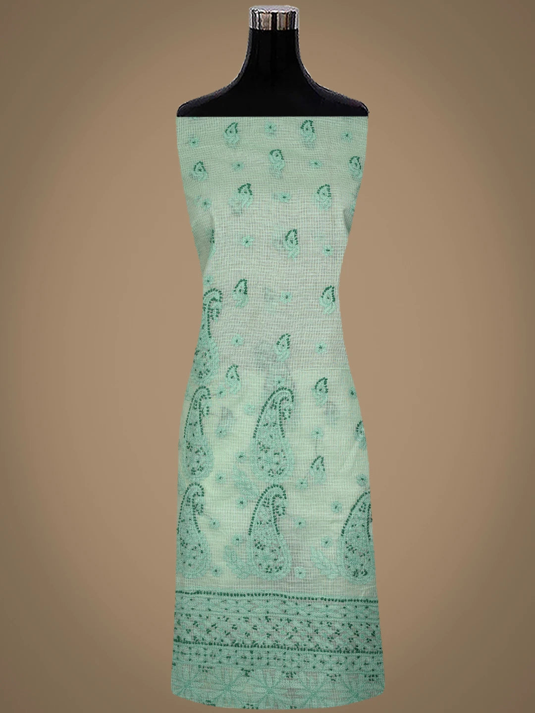 Ada Hand Embroidered Light Green Kota Lucknowi Chikankari Unstitched Kurta Dupatta Set 01A494571