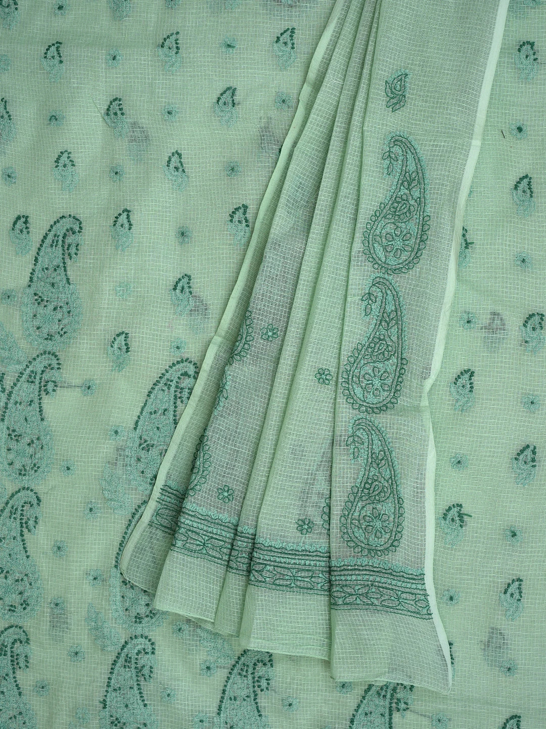 Ada Hand Embroidered Light Green Kota Lucknowi Chikankari Unstitched Kurta Dupatta Set 01A494571