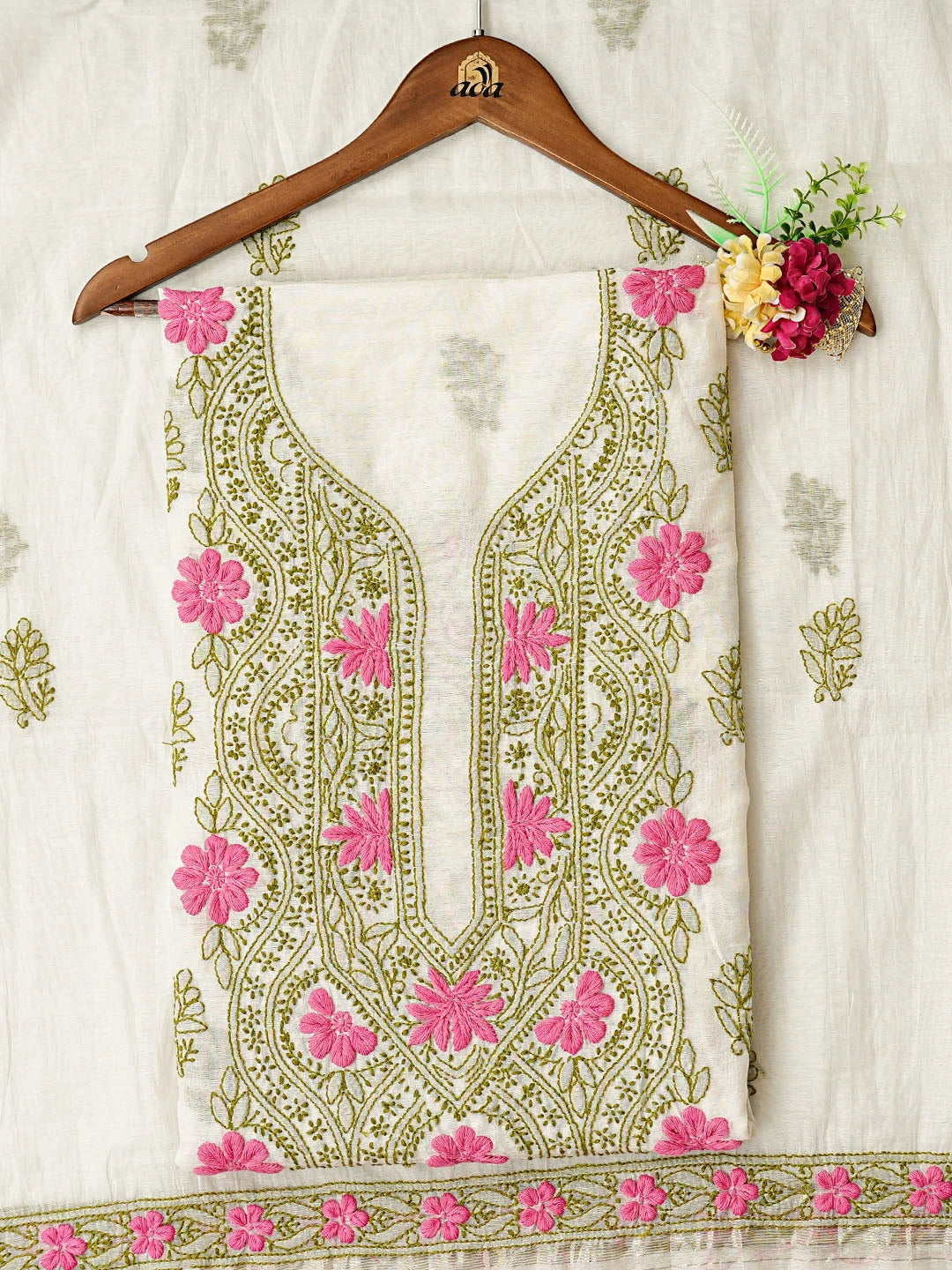 Ada Hand Embroidered White Chanderi Lucknowi Chikankari Unstitched Kurta Dupatta Set 01A862905