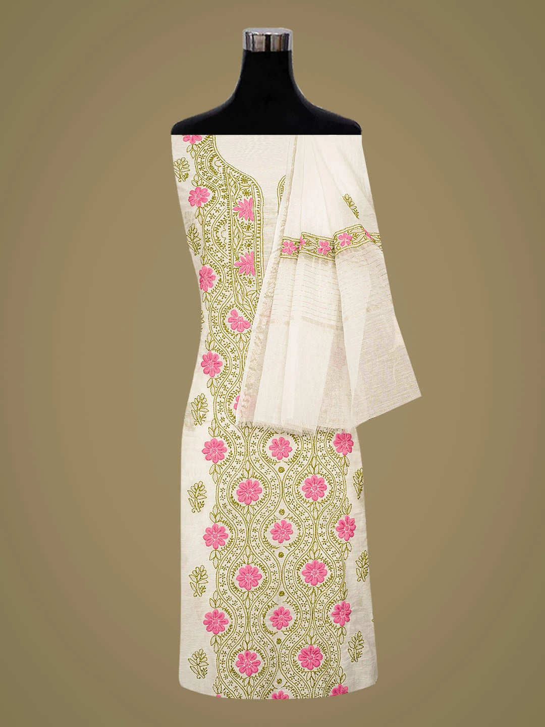 Ada Hand Embroidered White Chanderi Lucknowi Chikankari Unstitched Kurta Dupatta Set 01A862905