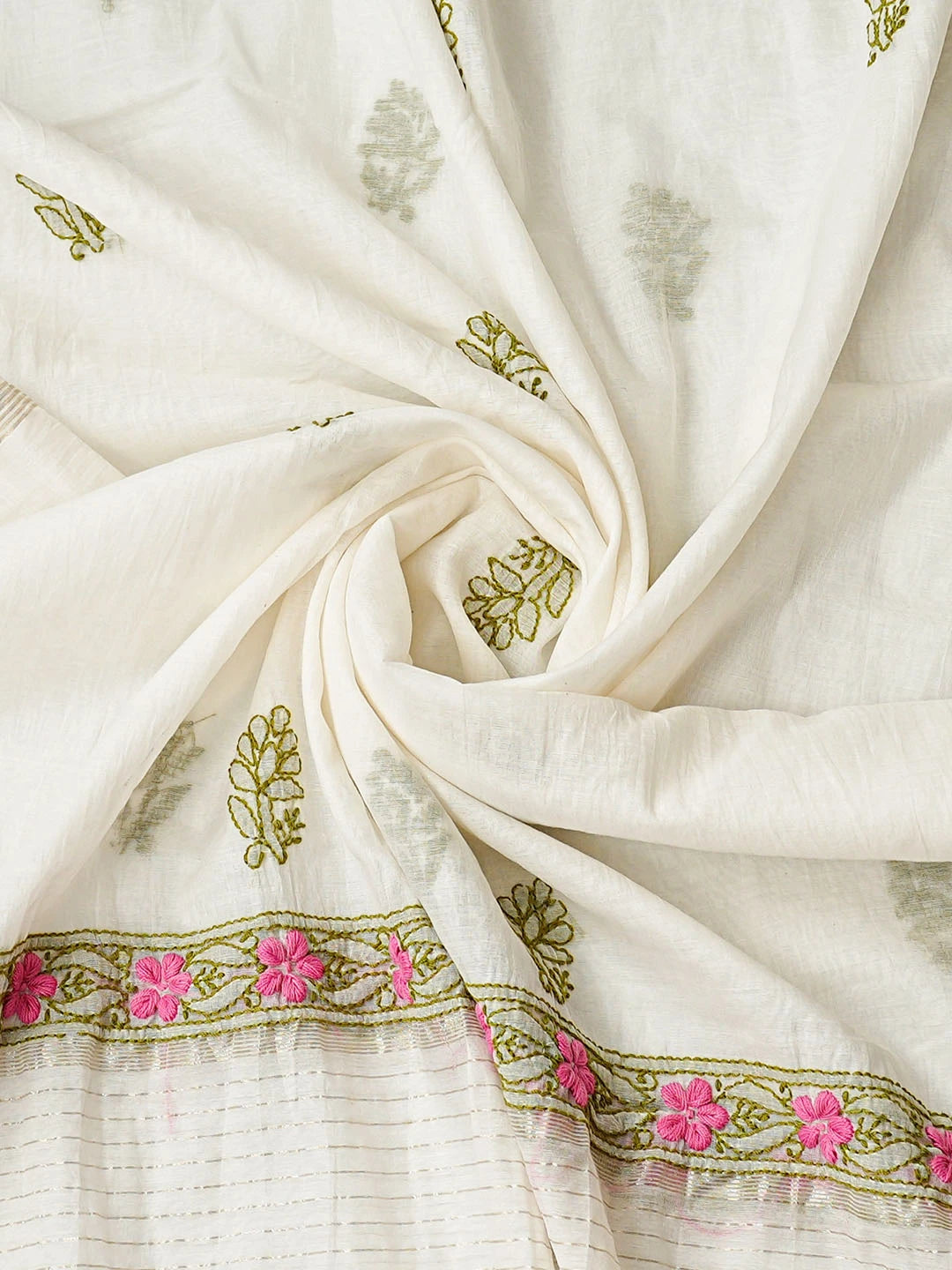 Ada Hand Embroidered White Chanderi Lucknowi Chikankari Unstitched Kurta Dupatta Set 01A862905