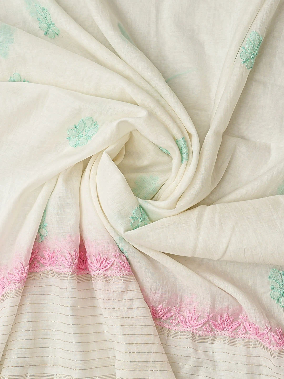 Ada Hand Embroidered White Chanderi Lucknowi Chikankari Unstitched Kurta Dupatta Set 01A862901