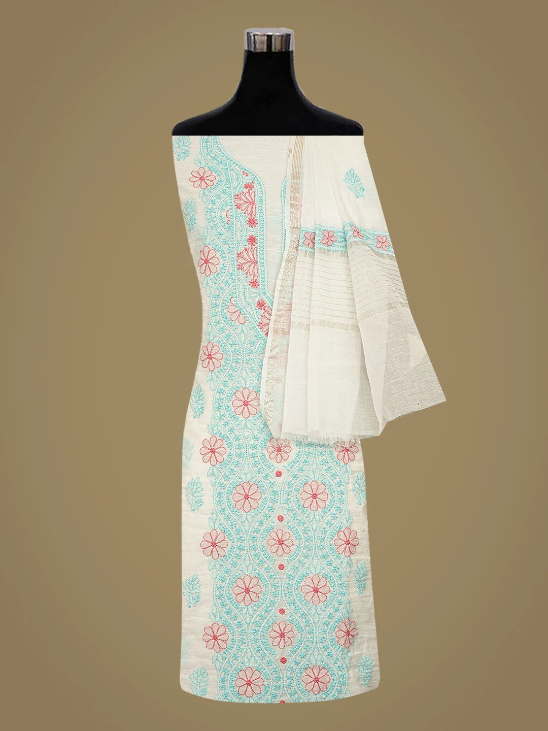 Ada Hand Embroidered White Chanderi Lucknowi Chikankari Unstitched Kurta Dupatta Set 01A862902