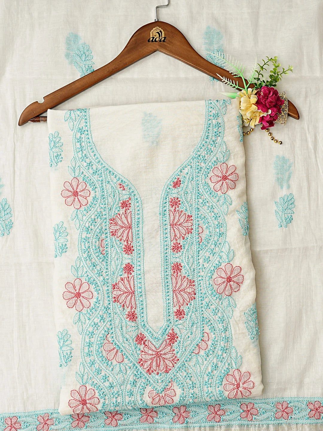 Ada Hand Embroidered White Chanderi Lucknowi Chikankari Unstitched Kurta Dupatta Set 01A862902