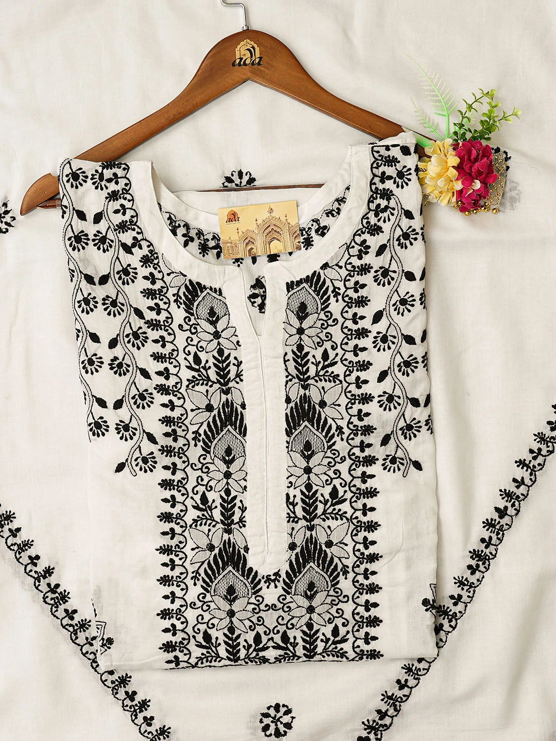 Ada Hand Embroidered White Cotton Lucknowi Chikankari Semi-Stitched Kurta Dupatta Set 01A832333