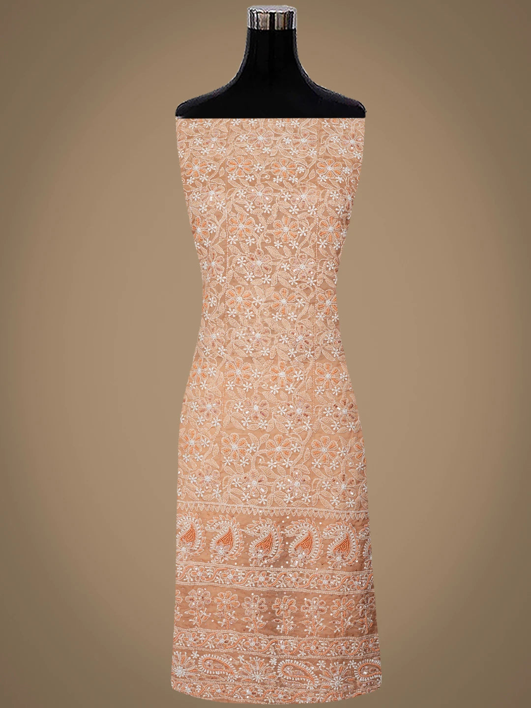 Ada Hand Embroidered Fresh Peach Organza Lucknowi Chikankari Unstitched Kurta Dupatta Set With Sequinned Work 01A737544