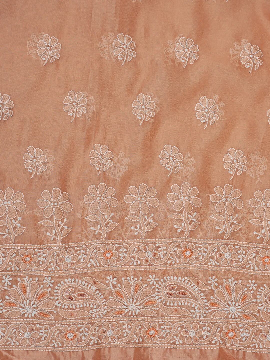 Ada Hand Embroidered Fresh Peach Organza Lucknowi Chikankari Unstitched Kurta Dupatta Set With Sequinned Work 01A737544