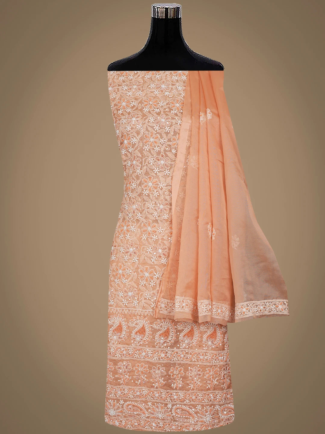 Ada Hand Embroidered Fresh Peach Organza Lucknowi Chikankari Unstitched Kurta Dupatta Set With Sequinned Work 01A737544