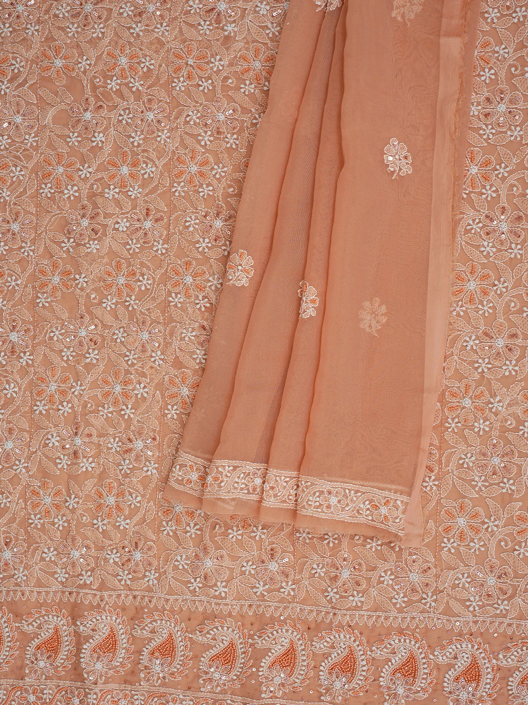 Ada Hand Embroidered Fresh Peach Organza Lucknowi Chikankari Unstitched Kurta Dupatta Set With Sequinned Work 01A737544