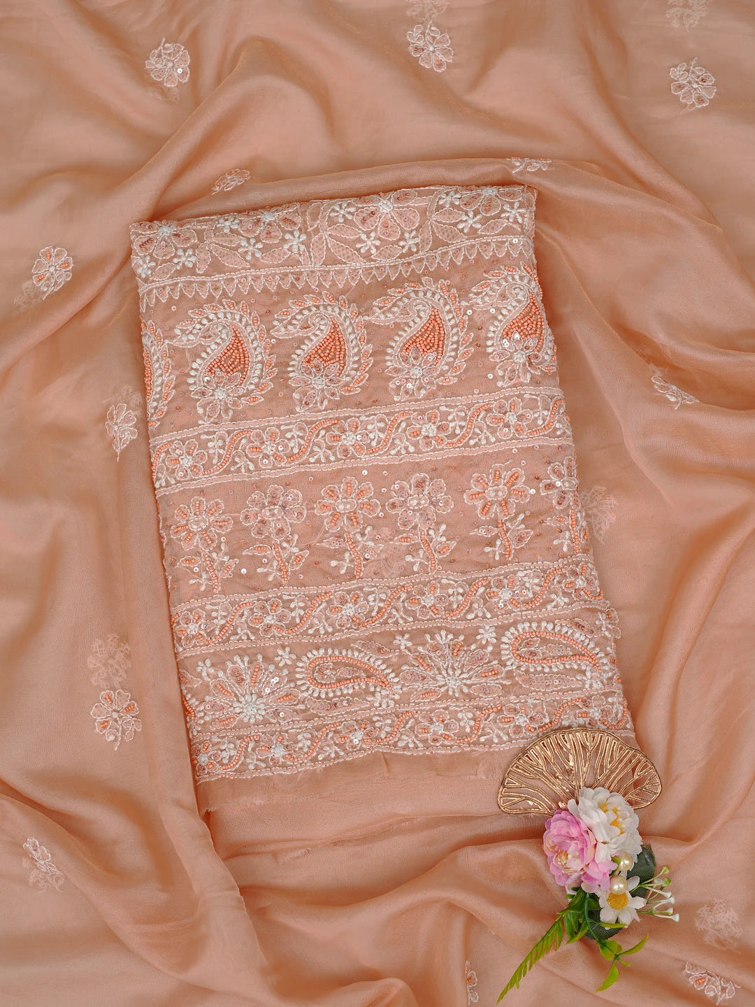 Ada Hand Embroidered Fresh Peach Organza Lucknowi Chikankari Unstitched Kurta Dupatta Set With Sequinned Work 01A737544