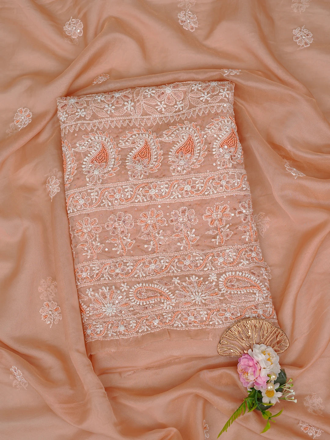 Ada Hand Embroidered Fresh Peach Organza Lucknowi Chikankari Unstitched Kurta Dupatta Set With Sequinned Work 01A737544
