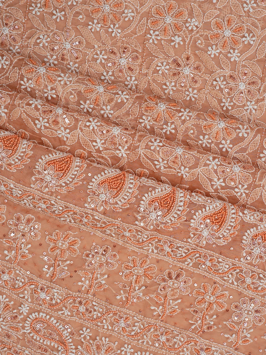 Ada Hand Embroidered Fresh Peach Organza Lucknowi Chikankari Unstitched Kurta Dupatta Set With Sequinned Work 01A737544