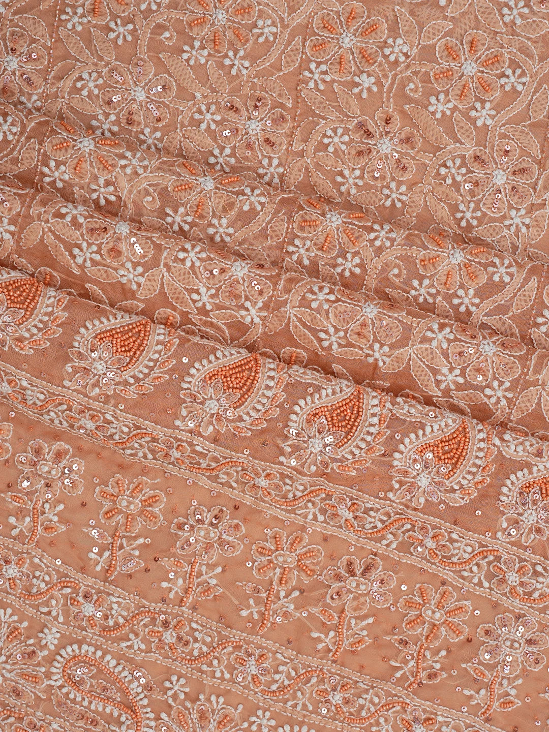 Ada Hand Embroidered Fresh Peach Organza Lucknowi Chikankari Unstitched Kurta Dupatta Set With Sequinned Work 01A737544