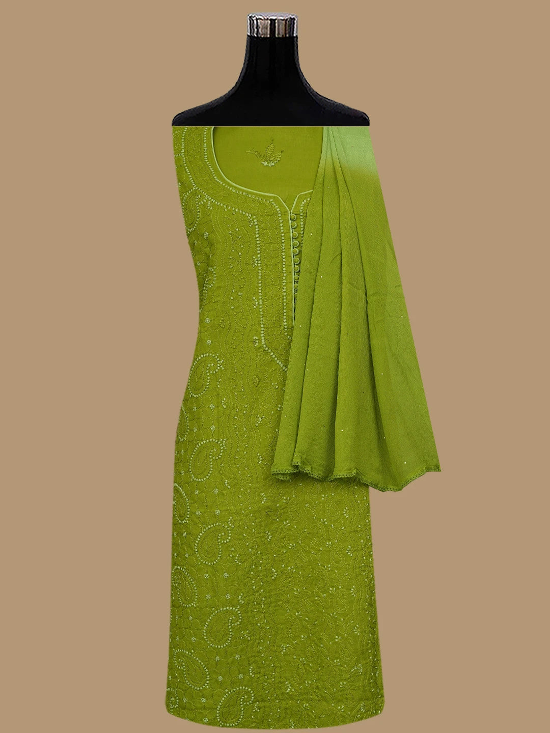 Ada Hand Embroidered Army Green Cotton Lucknowi Chikankari Unstitched Suit Piece 01A856552