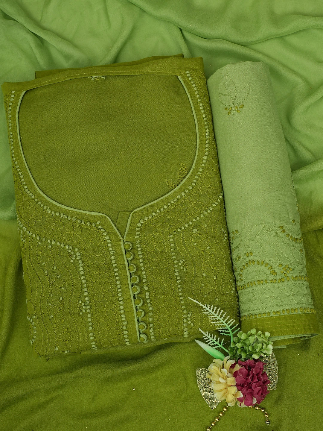 Ada Hand Embroidered Army Green Cotton Lucknowi Chikankari Unstitched Suit Piece 01A856552
