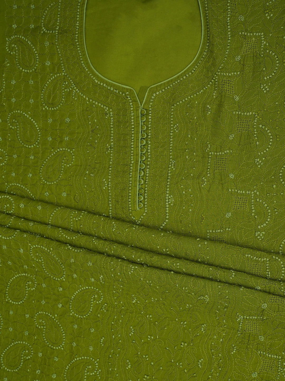 Ada Hand Embroidered Army Green Cotton Lucknowi Chikankari Unstitched Suit Piece 01A856552