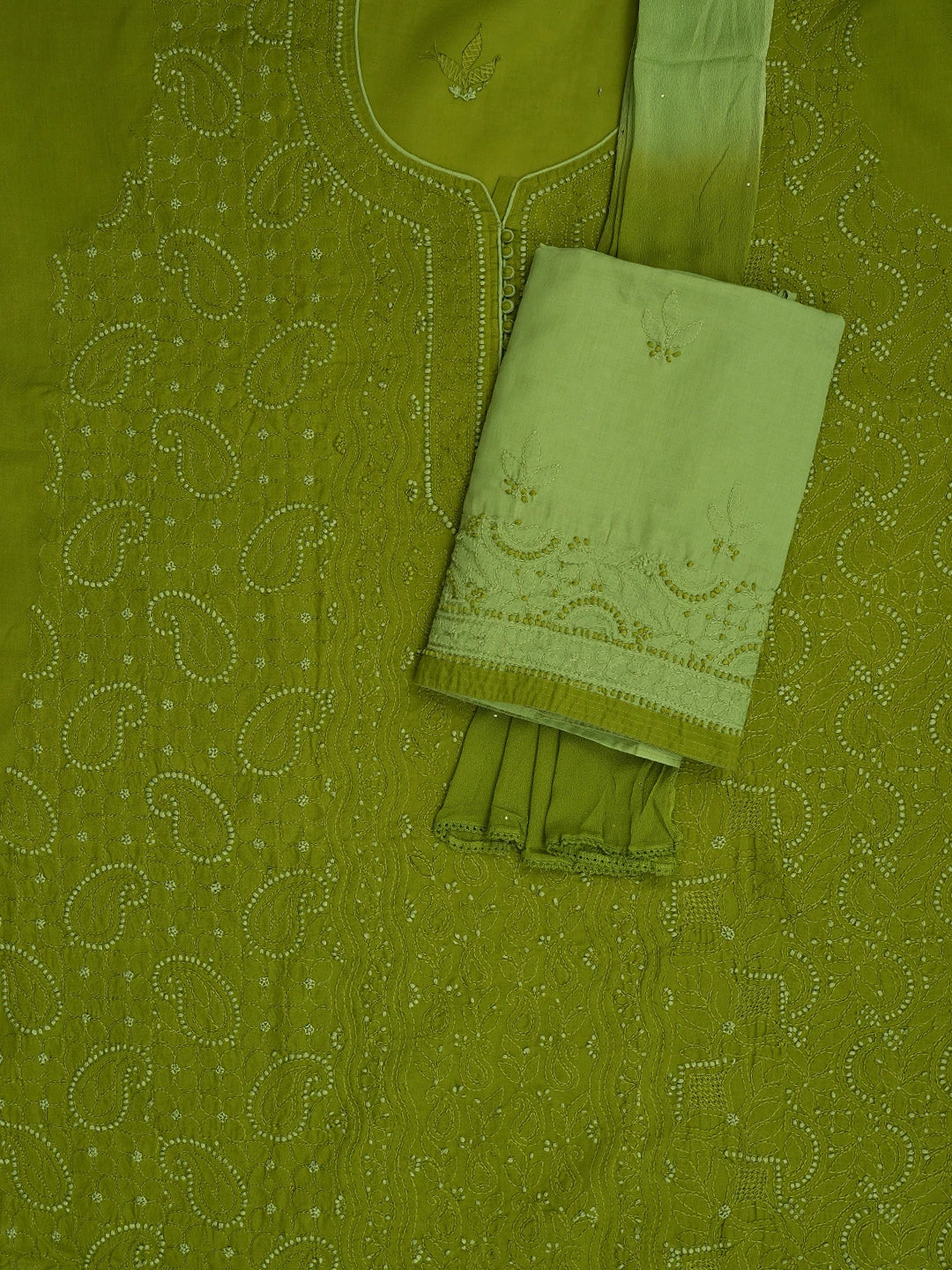 Ada Hand Embroidered Army Green Cotton Lucknowi Chikankari Unstitched Suit Piece 01A856552