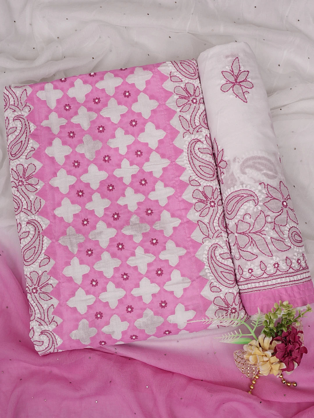 Ada Hand Embroidered White Cotton Lucknowi Chikankari Unstitched Suit Piece 01A845315