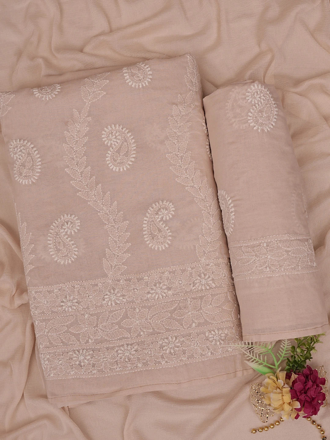 Ada Hand Embroidered Dusty Peach Cotton Lucknowi Chikankari Unstitched Suit Piece 01A861471