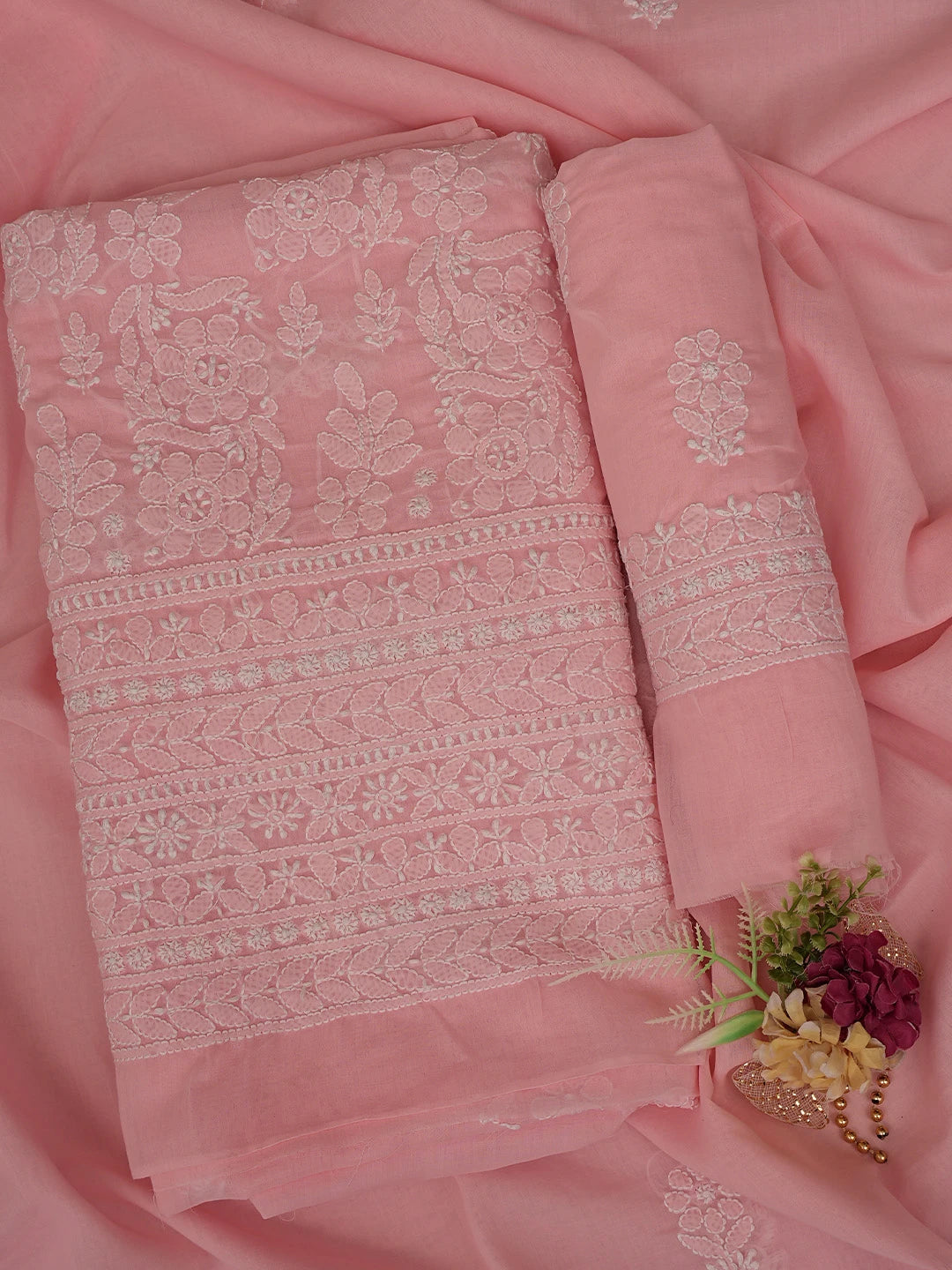 Ada Hand Embroidered Pink Cotton Lucknowi Chikankari Unstitched Suit Piece 01A764939