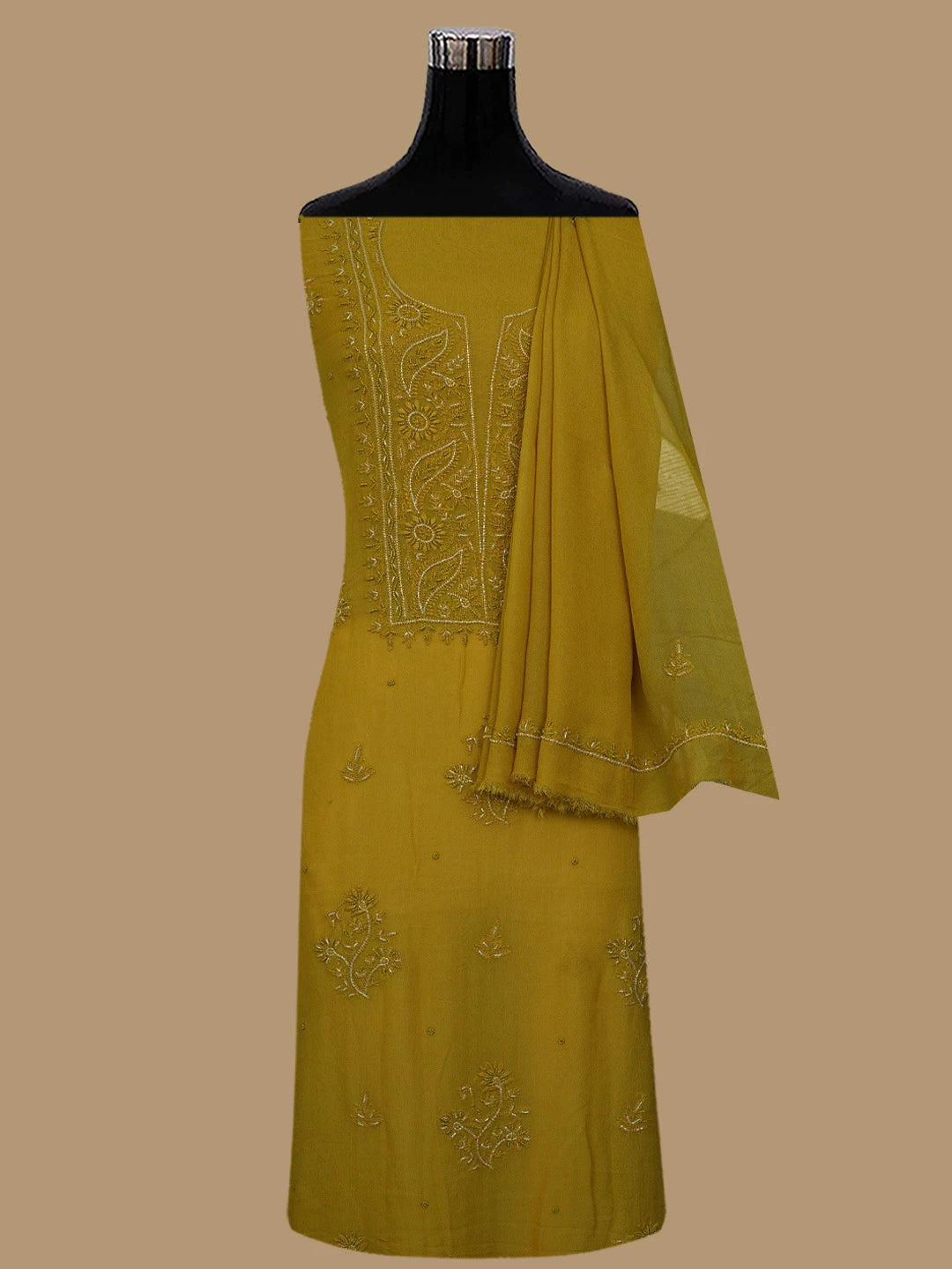 Ada Hand Embroidered Mustard Viscose Georgette Lucknowi Chikankari Unstitched Kurta Dupatta Set With Cutdana Work 01A771715