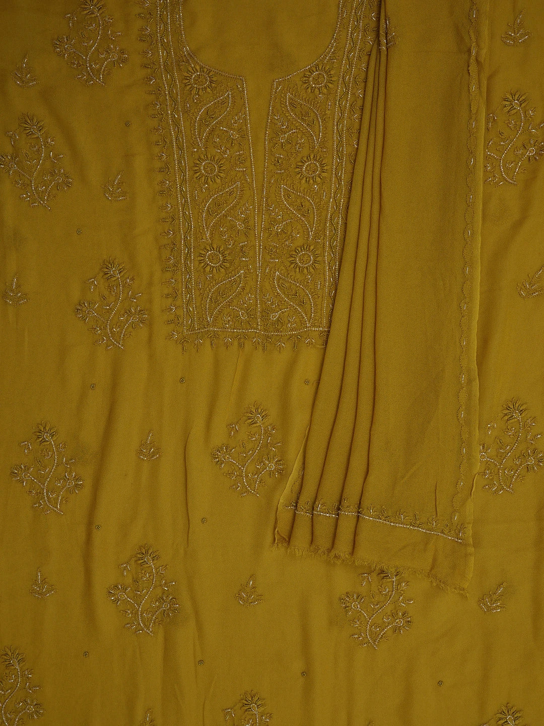 Ada Hand Embroidered Mustard Viscose Georgette Lucknowi Chikankari Unstitched Kurta Dupatta Set With Cutdana Work 01A771715