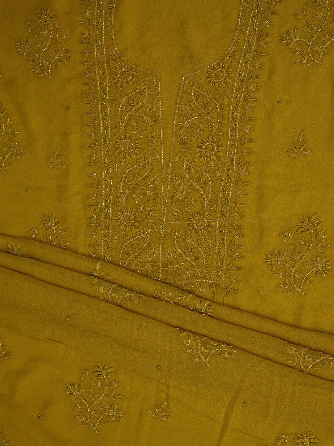 Ada Hand Embroidered Mustard Viscose Georgette Lucknowi Chikankari Unstitched Kurta Dupatta Set With Cutdana Work 01A771715