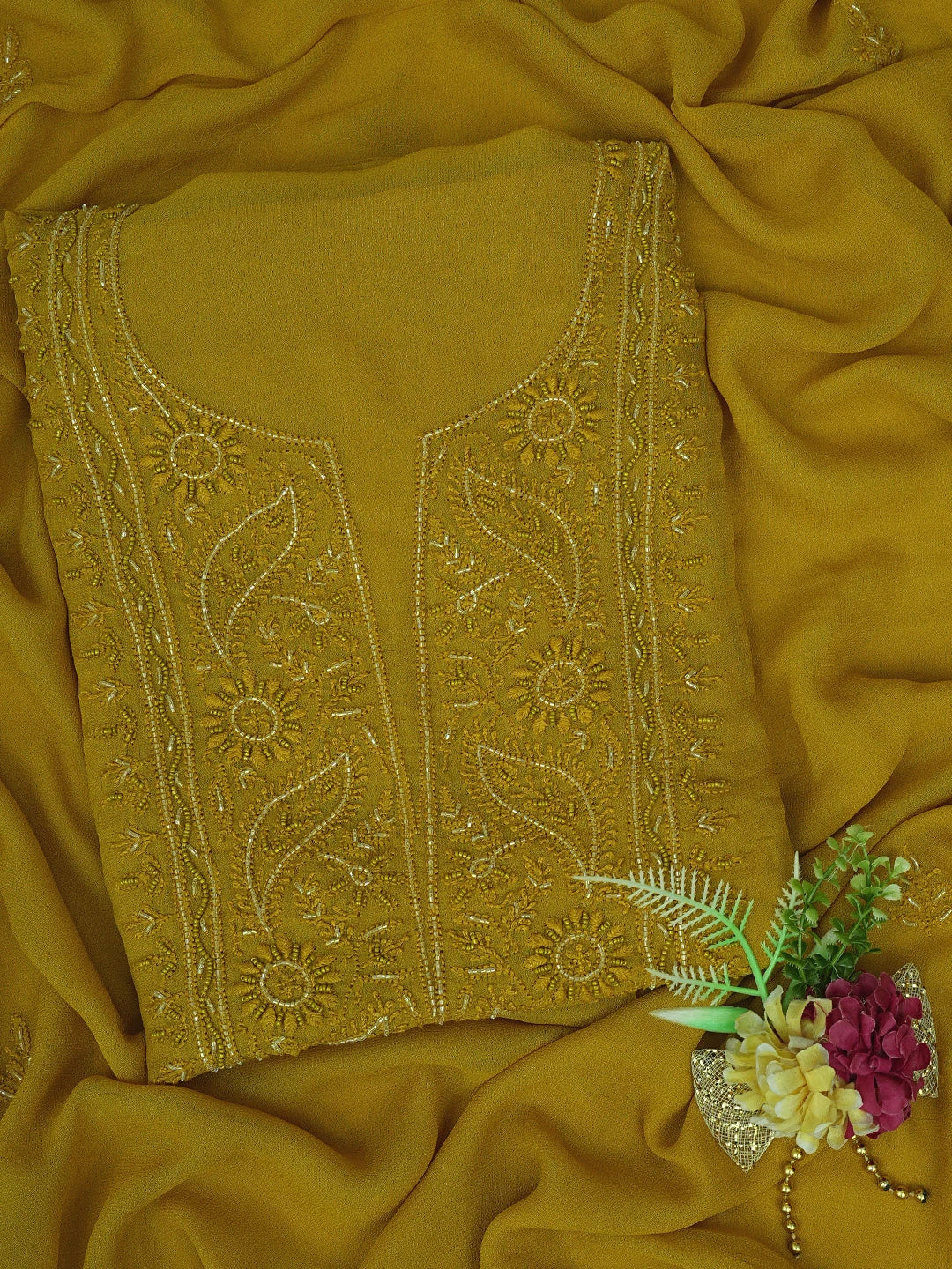 Ada Hand Embroidered Mustard Viscose Georgette Lucknowi Chikankari Unstitched Kurta Dupatta Set With Cutdana Work 01A771715