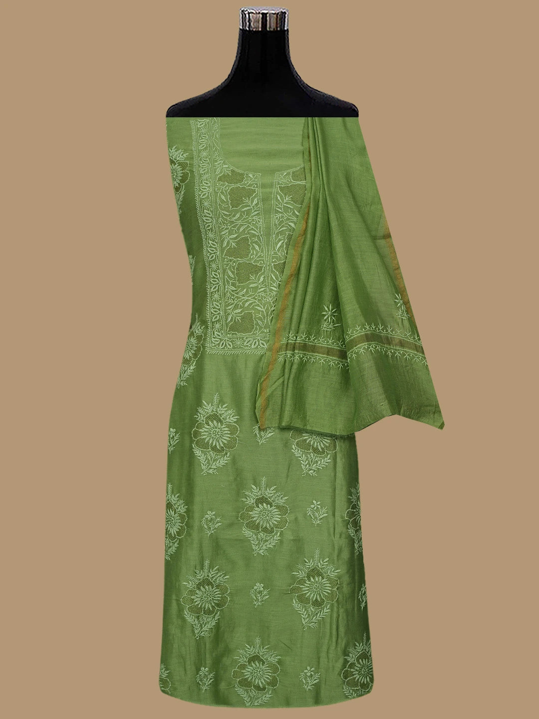 Ada Hand Embroidered Green Chanderi Lucknowi Chikankari Unstitched Kurta Dupatta Set 01A837343