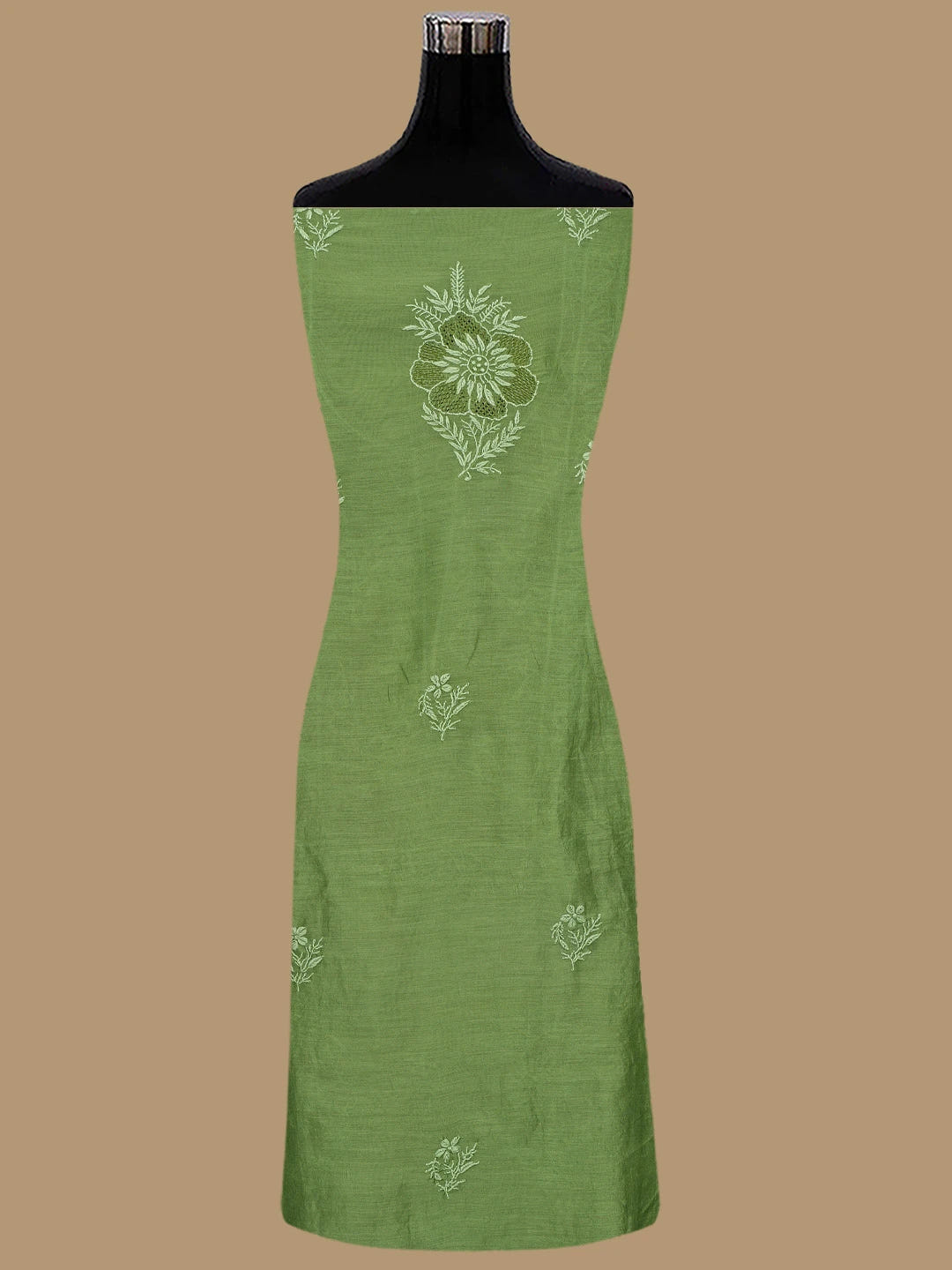 Ada Hand Embroidered Green Chanderi Lucknowi Chikankari Unstitched Kurta Dupatta Set 01A837343