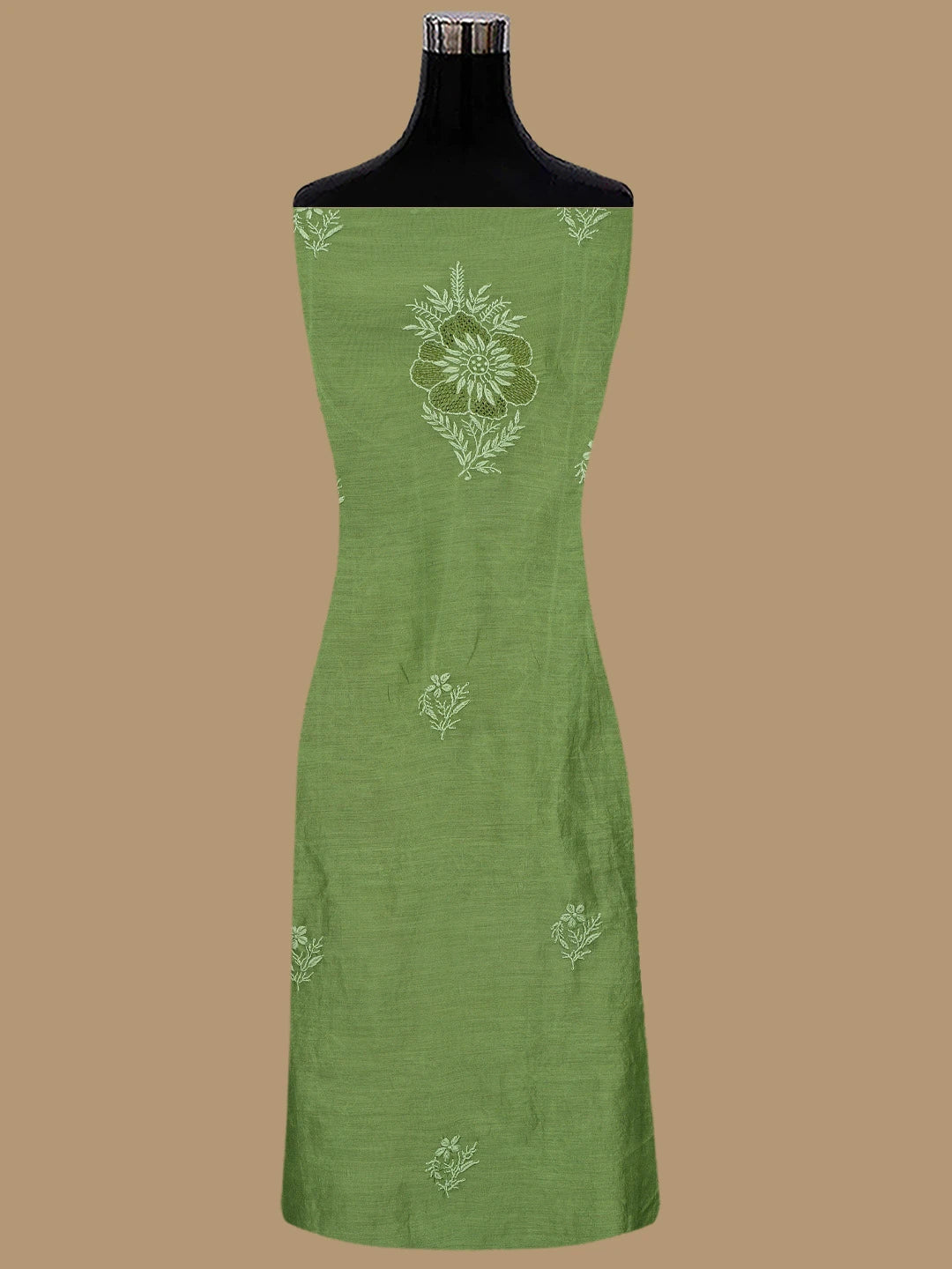 Ada Hand Embroidered Green Chanderi Lucknowi Chikankari Unstitched Kurta Dupatta Set 01A837343