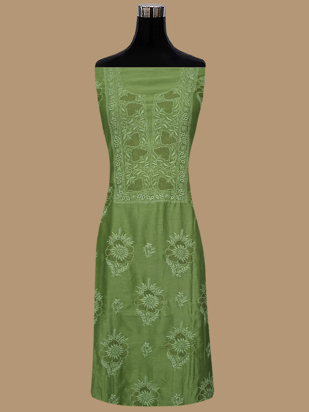 Ada Hand Embroidered Green Chanderi Lucknowi Chikankari Unstitched Kurta Dupatta Set 01A837343