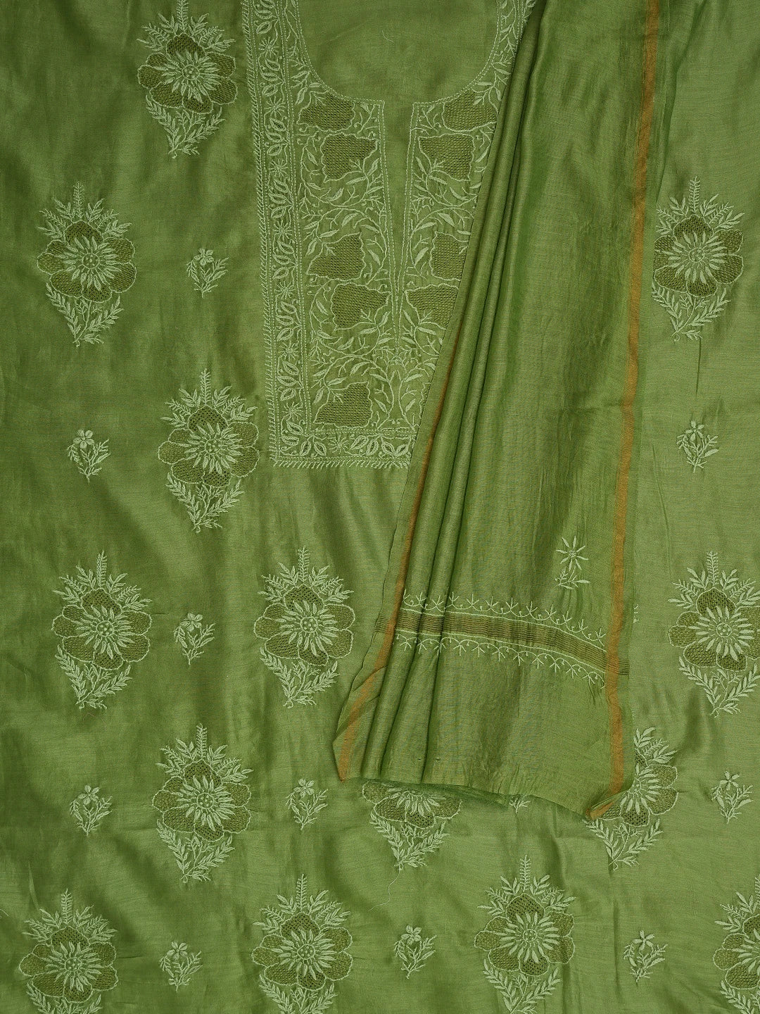 Ada Hand Embroidered Green Chanderi Lucknowi Chikankari Unstitched Kurta Dupatta Set 01A837343