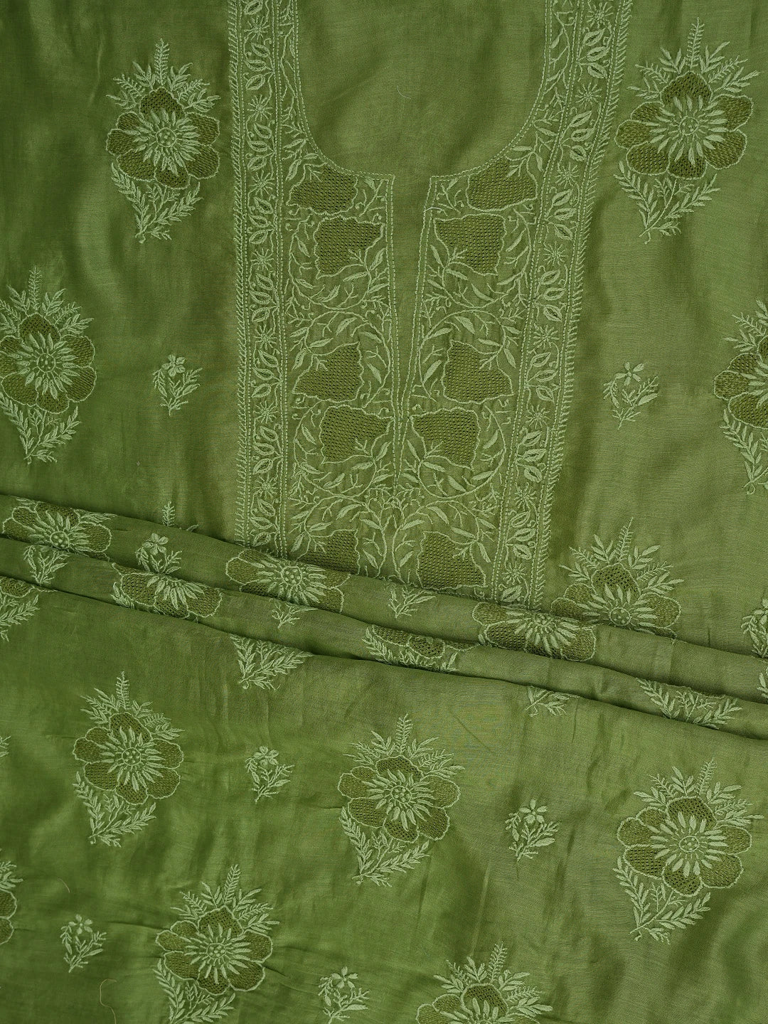 Ada Hand Embroidered Green Chanderi Lucknowi Chikankari Unstitched Kurta Dupatta Set 01A837343