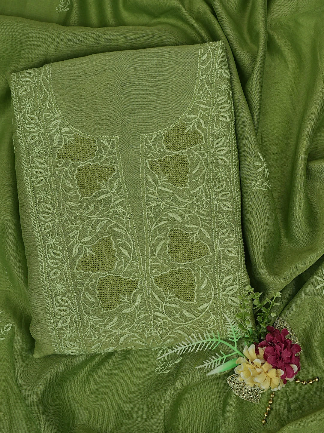 Ada Hand Embroidered Green Chanderi Lucknowi Chikankari Unstitched Kurta Dupatta Set 01A837343