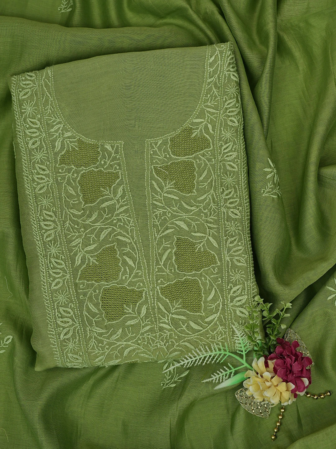 Ada Hand Embroidered Green Chanderi Lucknowi Chikankari Unstitched Kurta Dupatta Set 01A837343