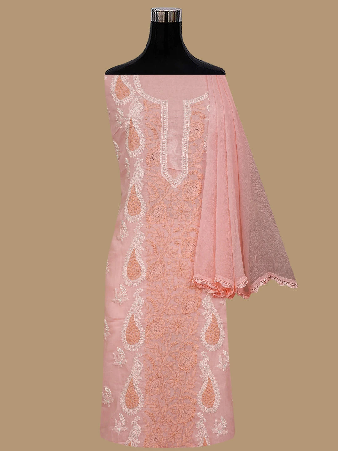 Ada Hand Embroidered Peach Cotton Lucknowi Chikankari Unstitched Suit Piece 01A844044