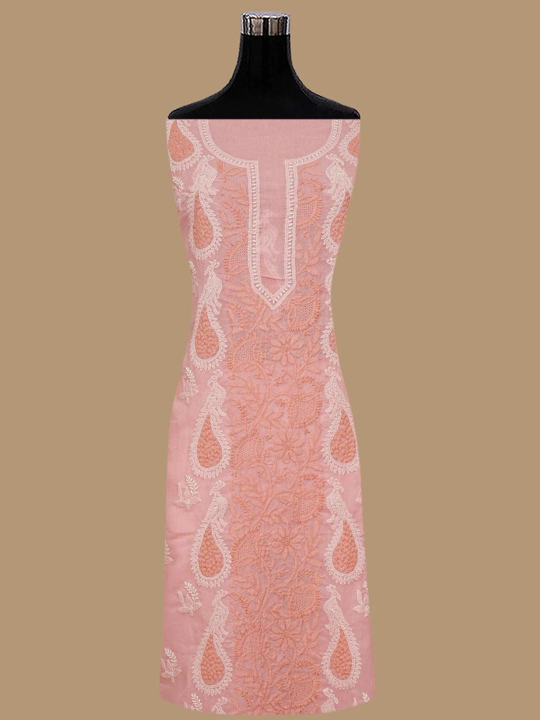 Ada Hand Embroidered Peach Cotton Lucknowi Chikankari Unstitched Suit Piece 01A844044