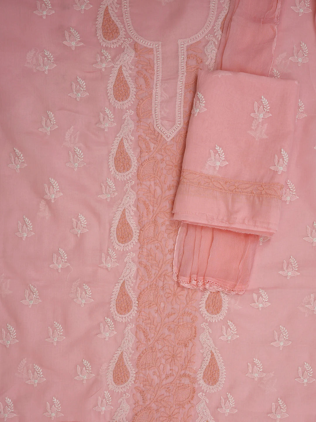 Ada Hand Embroidered Peach Cotton Lucknowi Chikankari Unstitched Suit Piece 01A844044