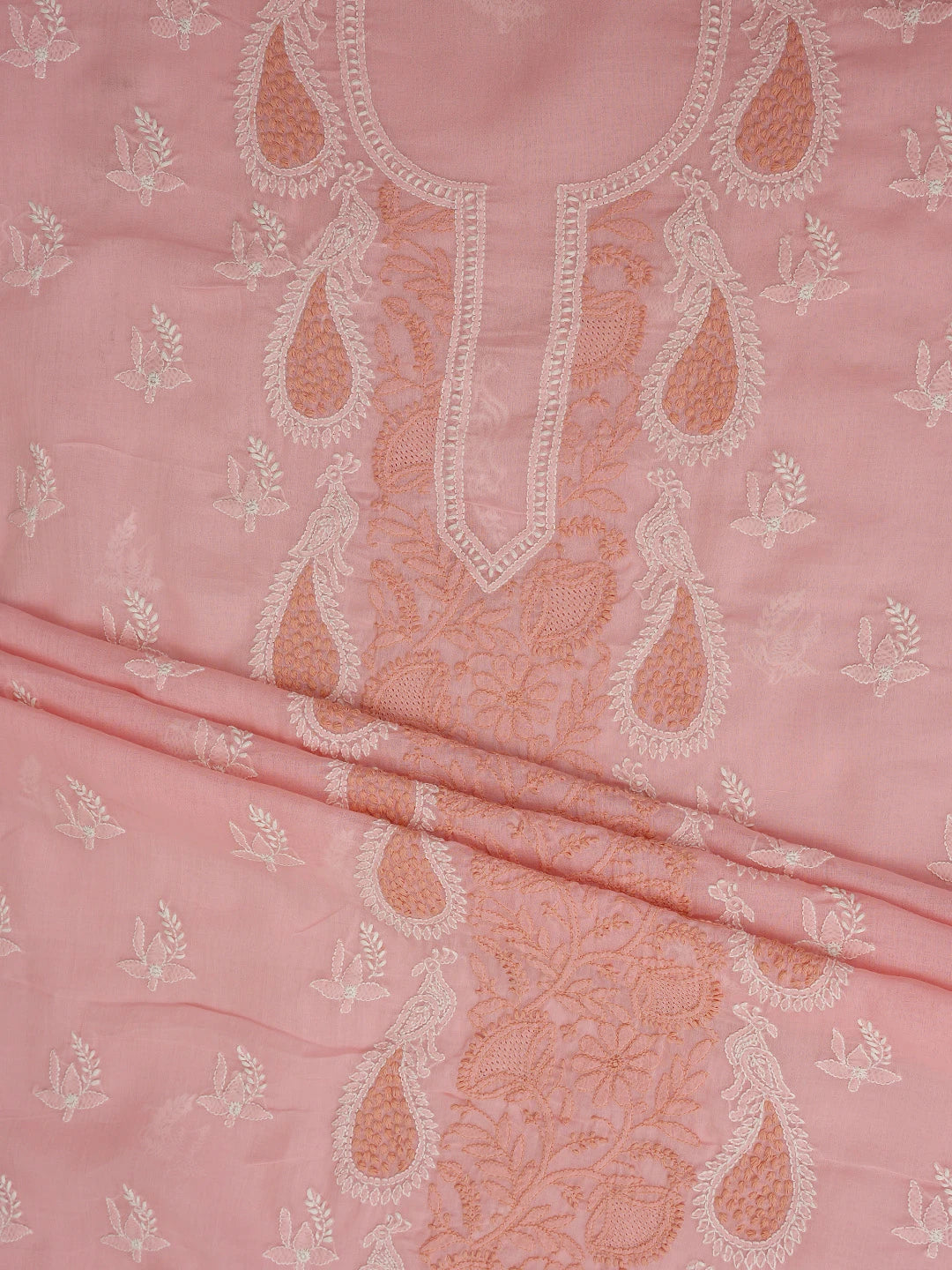 Ada Hand Embroidered Peach Cotton Lucknowi Chikankari Unstitched Suit Piece 01A844044