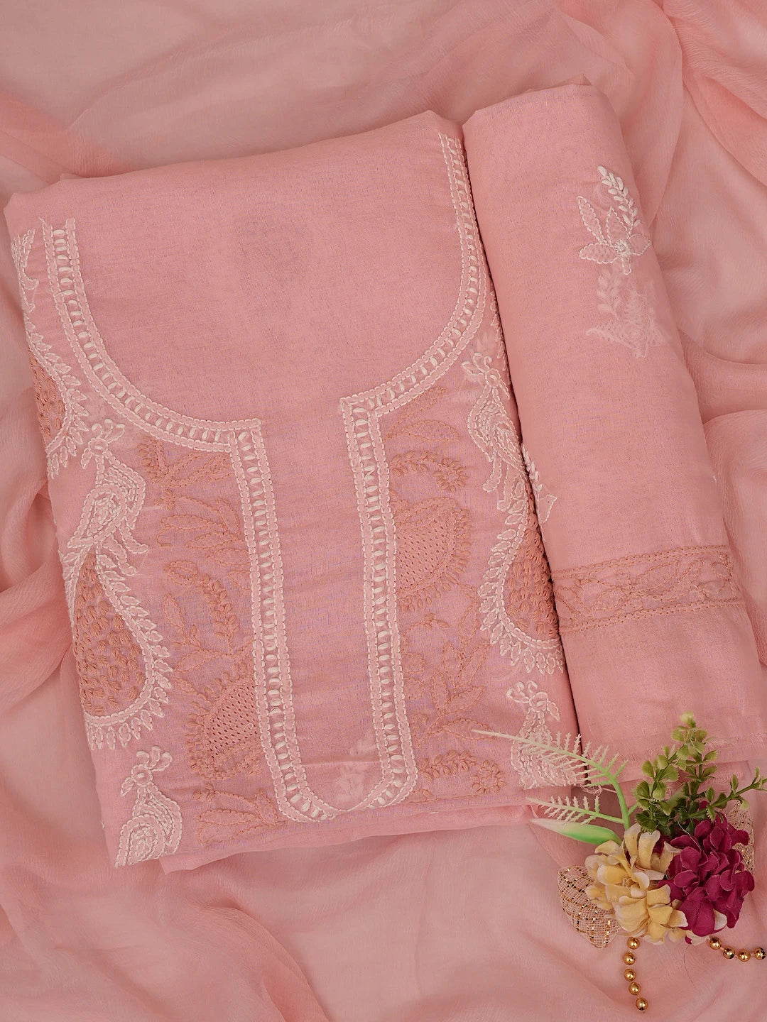Ada Hand Embroidered Peach Cotton Lucknowi Chikankari Unstitched Suit Piece 01A844044