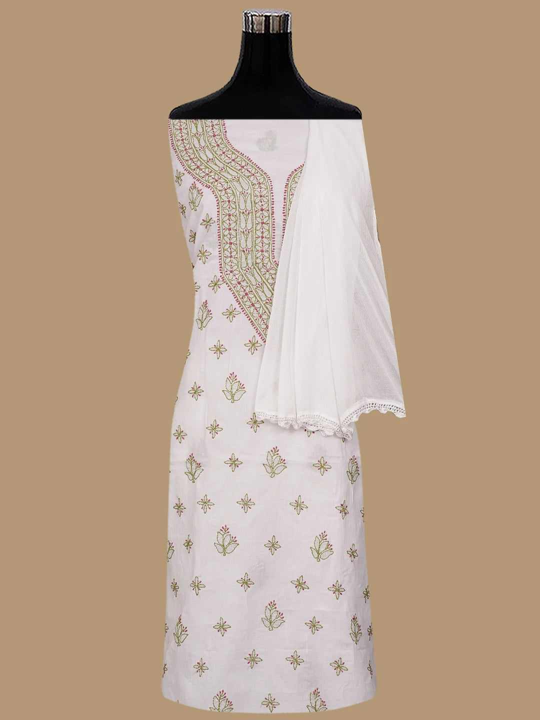 Ada Hand Embroidered White Cotton Lucknowi Chikankari Unstitched Suit Piece 01A861532