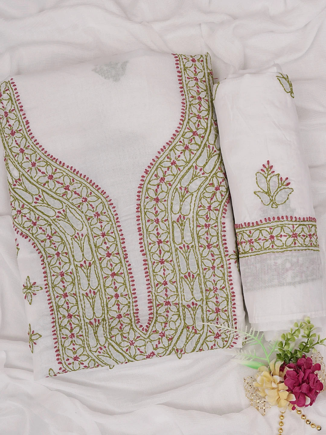 Ada Hand Embroidered White Cotton Lucknowi Chikankari Unstitched Suit Piece 01A861532