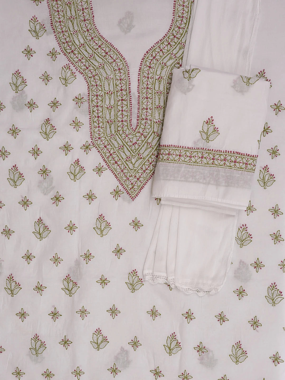 Ada Hand Embroidered White Cotton Lucknowi Chikankari Unstitched Suit Piece 01A861532