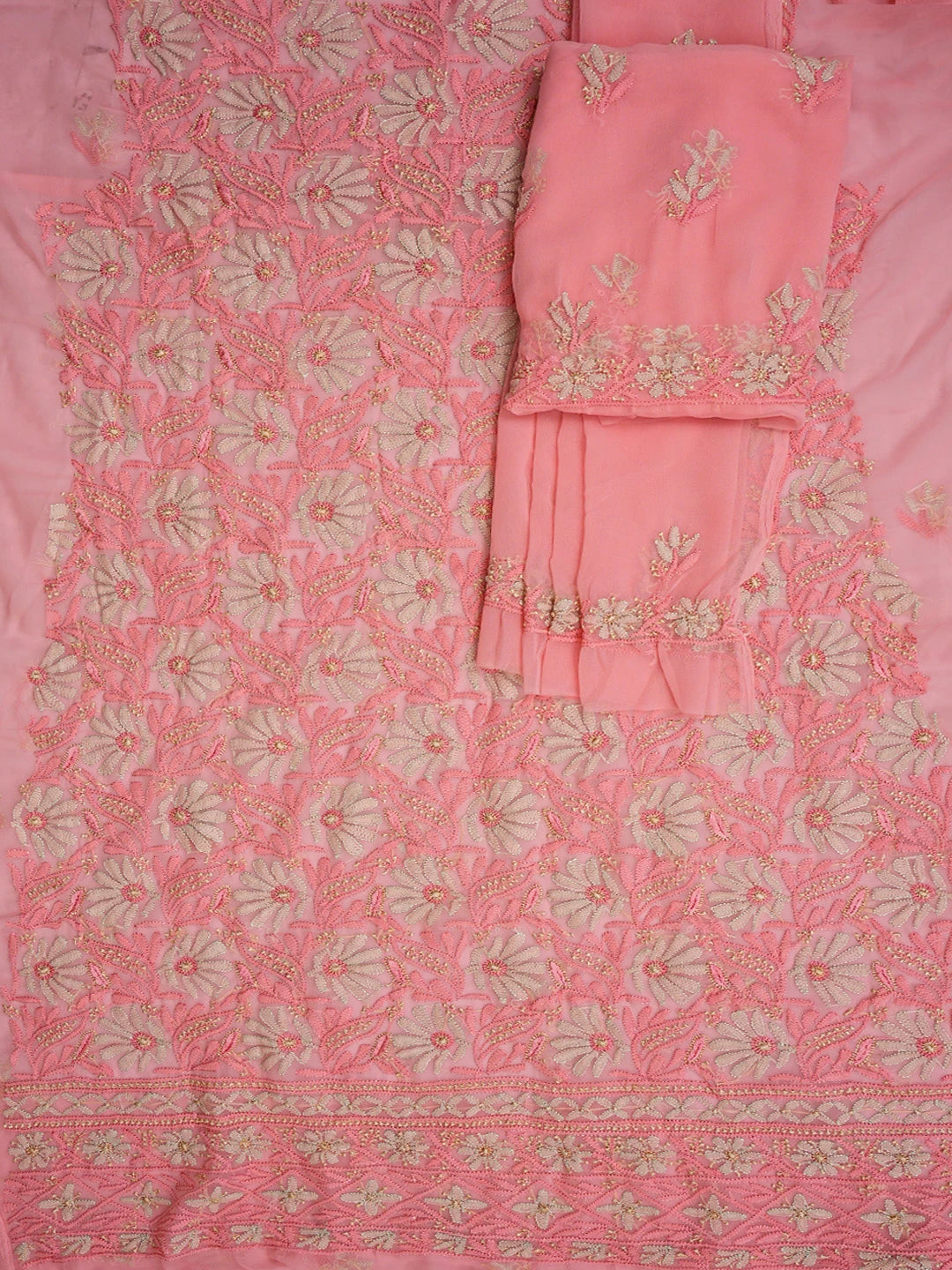 Ada Hand Embroidered Peach Georgette Lucknowi Chikankari Unstitched Suit Piece  01A857207