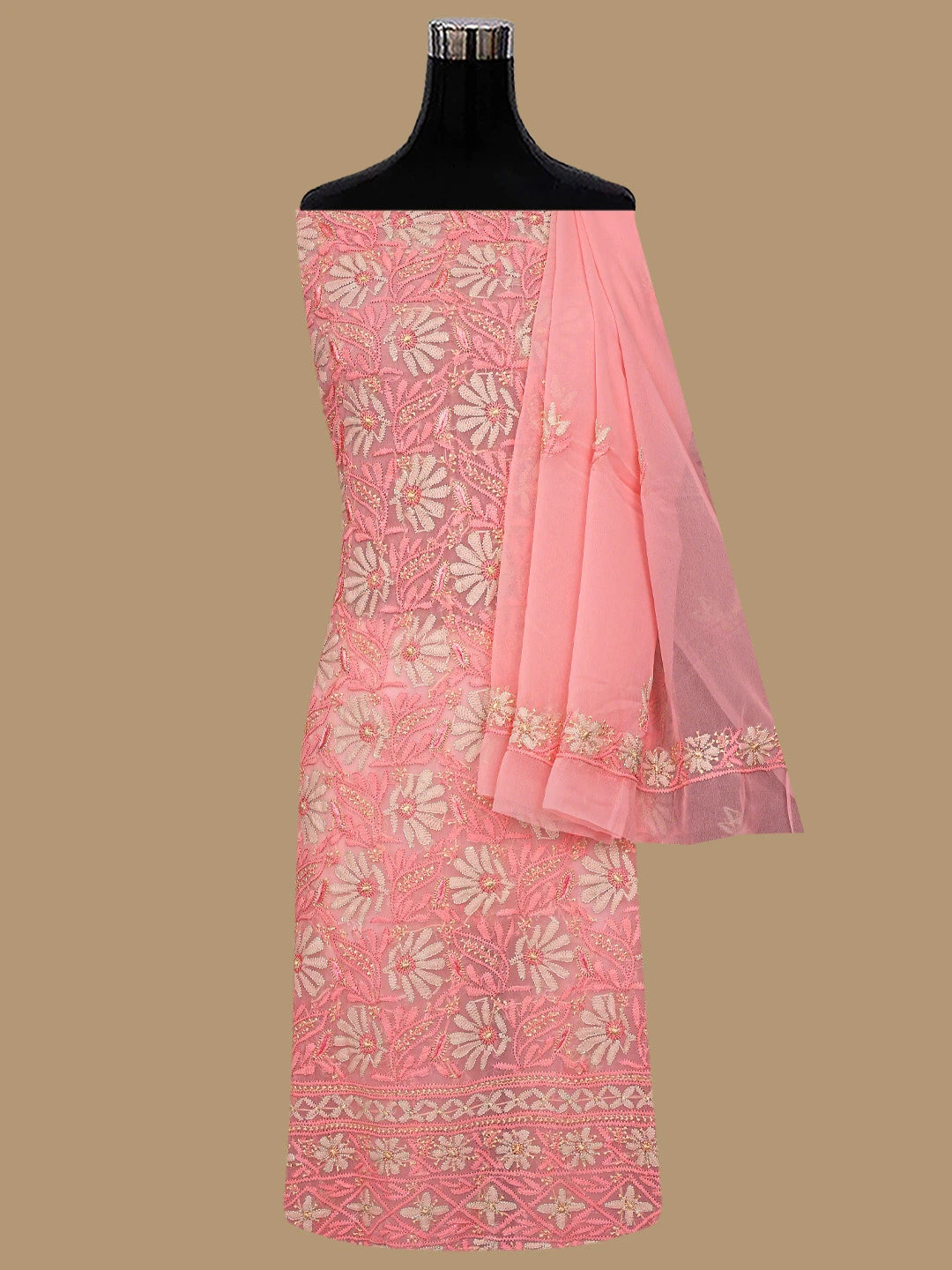 Ada Hand Embroidered Peach Georgette Lucknowi Chikankari Unstitched Suit Piece  01A857207